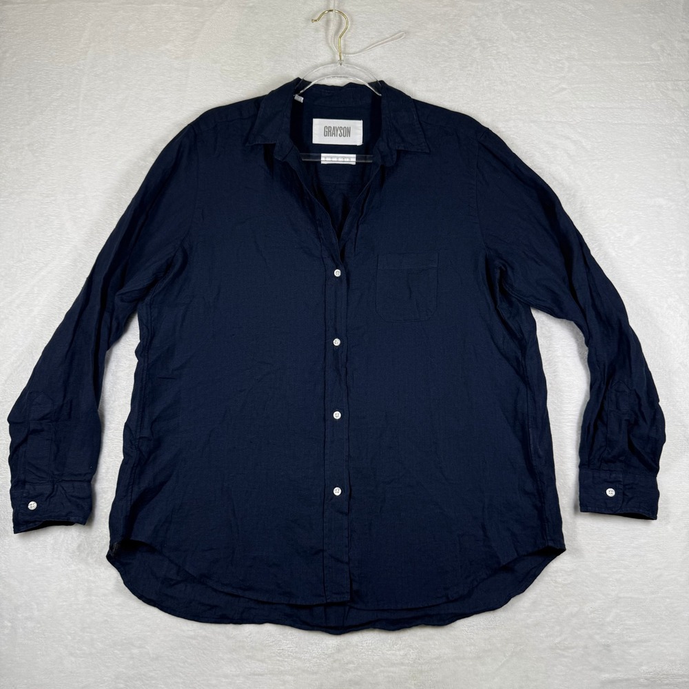 Grayson The Hero Navy Blue 100% Linen Button Down Shirt Womens Size 04 Large